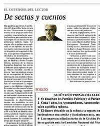 El Defensor del Lector de El País acepta `queja protestante´ por un artículo que les trata de `secta´