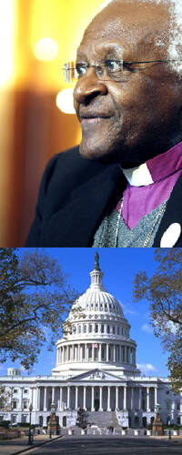 El arzobispo anglicano Desmond Tutu y M. Gorbachov hablan de paz en el `Foro sobre la Reconciliación´