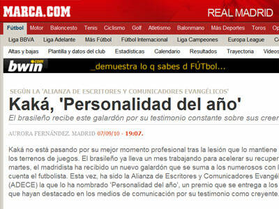 Los diarios MARCA y AS se hacen eco de Kaká ´Premio personalidad del año´ como evangélico