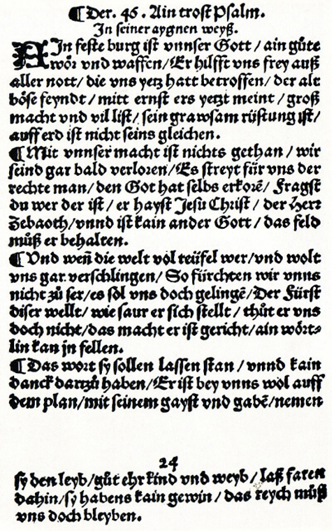 <p> La copia más antigua impresa del himno compuesto por Martín Lutero. (Museo de Wittenberg)</p>,
