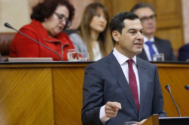 Juan Manuel Moreno, durante su discurso de investidura en el parlamento andaluz. / PP,