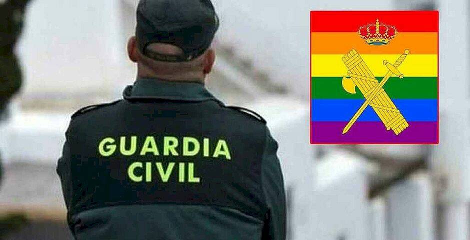 El logo de la guardia civil, con el fondo de la bandera del Orgullo
